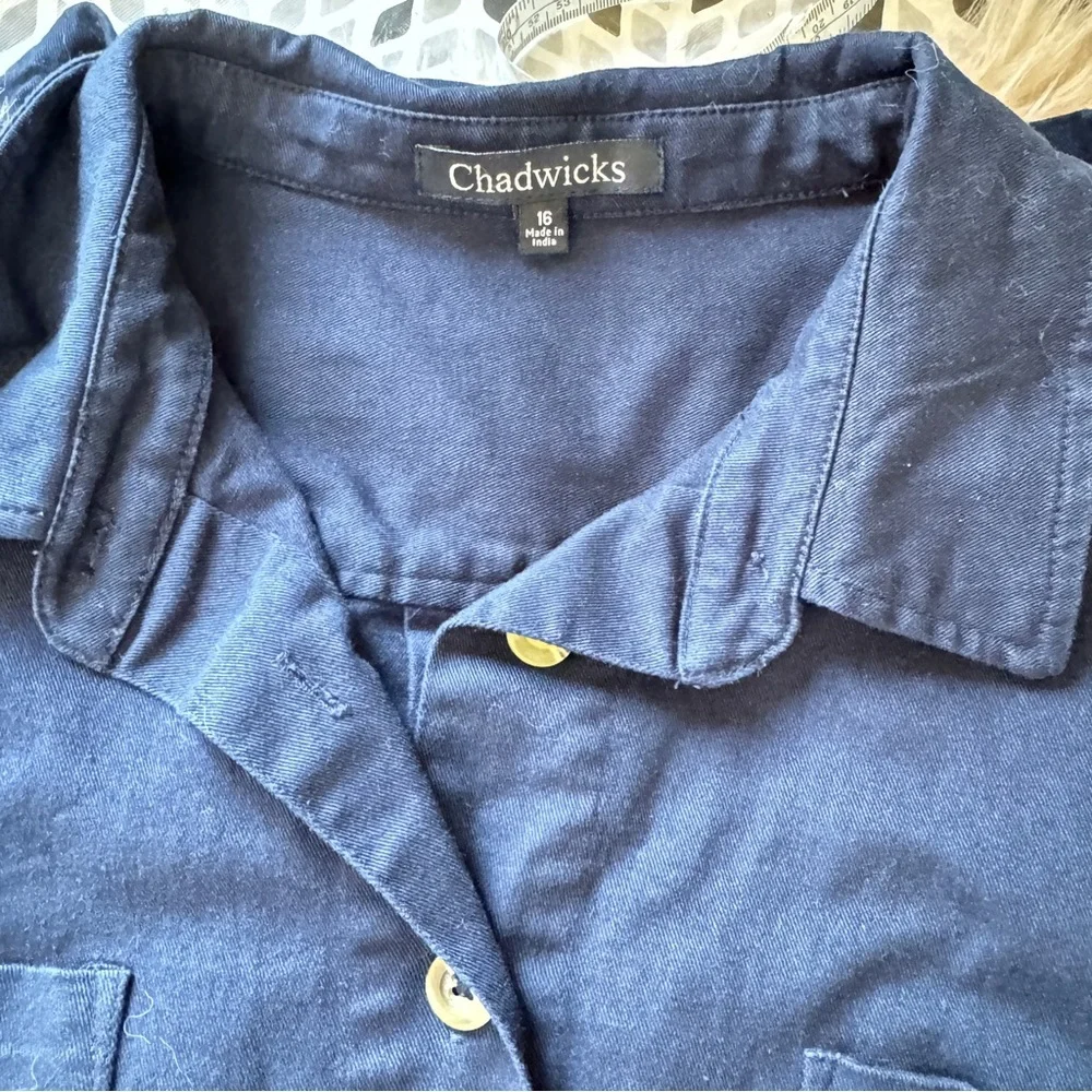 CHADWICKS Vintage Button Front Shirt Dress, Cotton, Safari Navy Sz 16 90s - Picture 9 of 12
